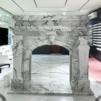 French Style Natural Arabescato White Marble Fireplace Surround Mantel with Artistic Engraving for Indoor Hotel Villa Decor
