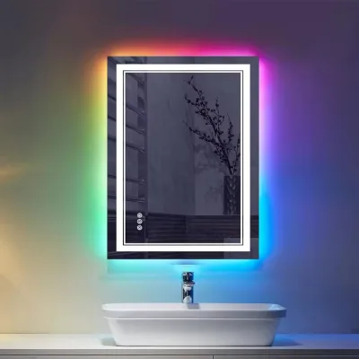 Modern IP44 Smart Touch Sensor Rectangle Fogless Wall-Mounted RGBW LED Bathroom Mirror Colorful Light Strip Frame for Makeup