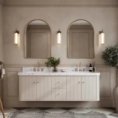 Vertical Slat Wall Mounted Double Sink Bathroom Vanity with Rock Slab Countertop & Soft Close Drawer & Gold Frame Mirror Set
