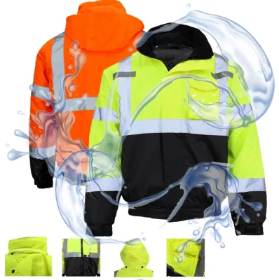 High Visibility Class 3 Thermal Water Resistant Safety Bomber Orange  Green Construction Removable Concealed Hood Jacket