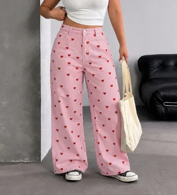 Women's Heart Print Wide Leg Jeans High Waist Loose Fit All Season Casual Pants Elastic Fabric Fashionable Summer Wear