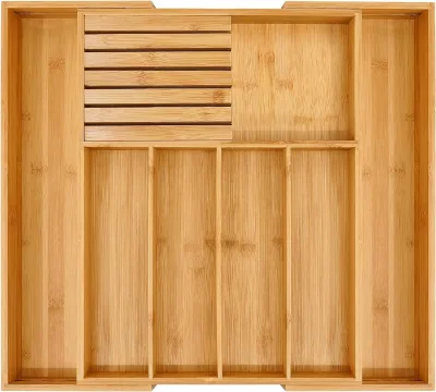 Cutlery Organizer Bamboo Silverware Drawer Organizer Kitchen, Expandable Utensil Holder and Cutlery Tray With Divider
