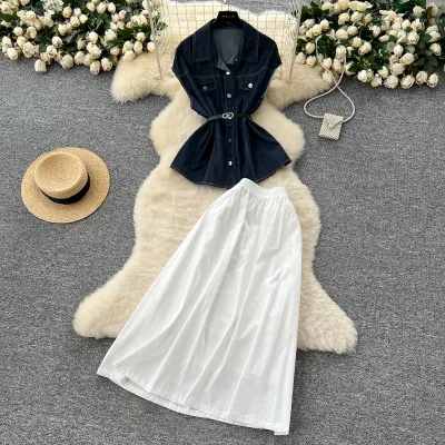 Ladies 2 Piece Set Vintage Denim Co-Ord Set - Women'S Button-Down Tie-Waist Top A-Line Skirt Two-Piece Suit Women'S