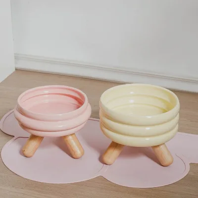 Elevated Solid Ceramic Cat Bowl with Wooden Stand Non-Slip Neck Protection Pet Food & Water Bowl for Indoor Cats & Kittens