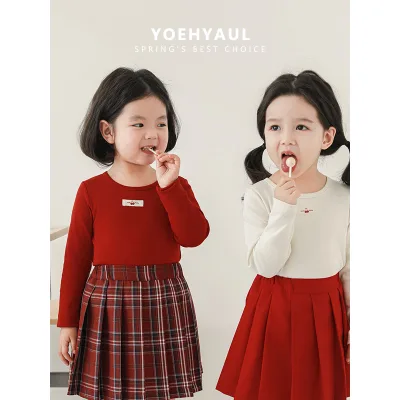 YOEHYAUL 2024 Girl's Spring Newest Cloudy Cotton Covered Collar Patch T-shirt Comfortable and Skin Friendly T-Shirt