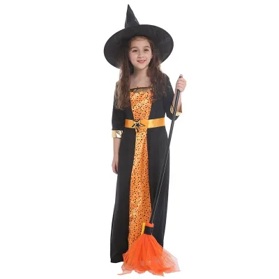 Girl's Halloween Witch Costume With Pumpkin Festive Stage Performance Clothing Glittering Witch Girl Dress