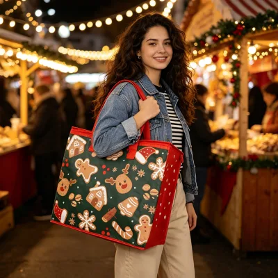 OEM/ODM Reusable Insulated Aluminum Foil Waterproof Cooler Bag Thermal Tote Bag Christmas Pattern Zipper Shopping Food Use