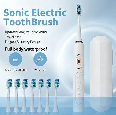 Luxury Slim Rechargeable Vibration Toothbrush for Daily Dental Whitening, Multi Cleaning Modes , 8 Heads & Portable Storage Case