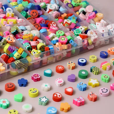 100pcs Bag 10mm Colorful Flower Fruit Smile Animal Design Polymer Clay Beads , DIY Clay Beads Charm for Bracelet Making
