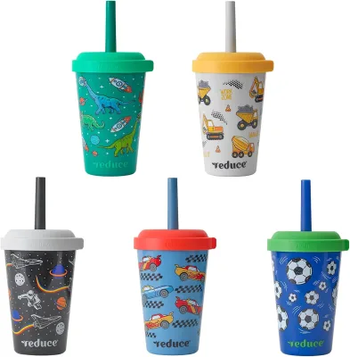 Portable Tumbler Cups with Lids and Spill-Proof Straws 5 Pack of Stackable 12 oz Tumblers with Twist-On Lids - Easy Storage