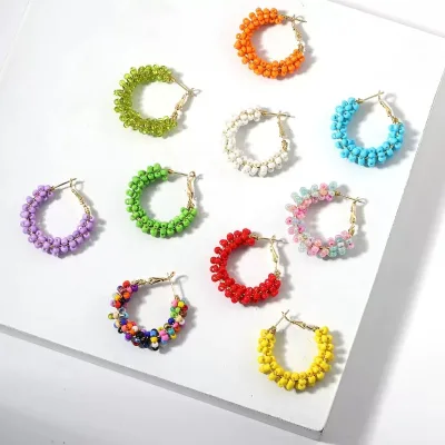 New Style Fashion Colourful Geometric Bohemian Handmade Summer Fine Miyuki Beaded Resin Hoop Earrings