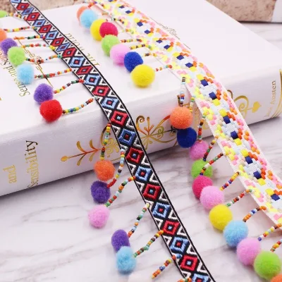 Handmade Colorful Ethnic Style Pompom Lace Fabric Trim for Clothing and Jewelry Accessories 10 Yards/Roll 2.5cm Width