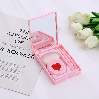 Private Label Heart Shape Facial Cosmetic Makeup Brush Set 5pcs Mini Travel Makeup Brush Set With Mirror Case