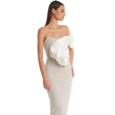 Women's Modest Solid Elegant Maxi Dress Summer Fashion Chic Sexy Strapless Pearl Decorative Wedding Birthday Evening Cocktail