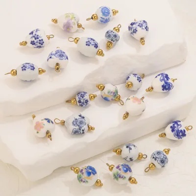 Fashion 18K Gold Plated Stainless Steel Accessories for DIY Making Jewelry Handmade Ceramic Round Heart Pendant Charms