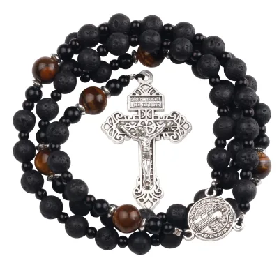 Saint Benedict Rosary Necklace with Lava Stone and Tiger Eye Beads Jerusalem Cross Antique Silver Tone Catholic Prayer Jewelry