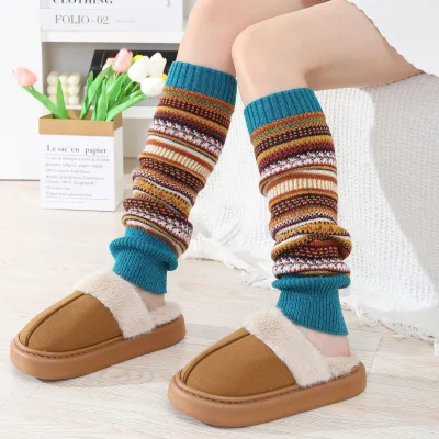 New Wholesale Fashion Ribbed Cuff Winter Knitted Tribal Bohemian Aztec Striped Acrylic Knitting Leg Warmer Boot Socks for Women