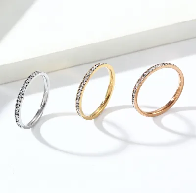 Thin Minimalist 18K Gold Plated Stainless Steel Eternity Ring Paved Zircon Stackable Band Dainty Luxury Style Women Daily Wear