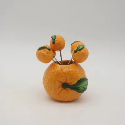 Orange Ceramic Fruit Picks Set 4 Inch Citrus Shaped Stainless Steel Appetizer Cocktail Forks with Holder Party Tableware