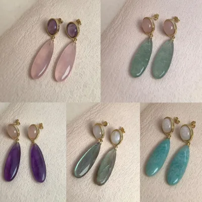 Natural Crystal Earrings Pink Crystal Purple Crystal Versatile DIY European and American Popular Earrings