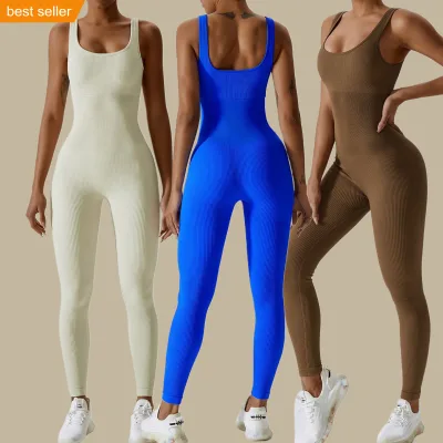 Women Sleeveless Compression Lightweight Quick Dry Ribbed Seamless Yoga Bodysuit