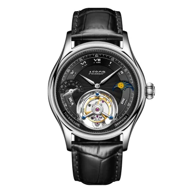 Real Dual Time Zone Watch Mirar Stainless Steel Men Tourbillon Mechanical Roman Number Wristwatch Fashion Tourbillon Watch