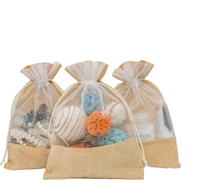 100% Jute Wedding Favor Bags with Front Window Design Custom Logo Woven for Wedding Party