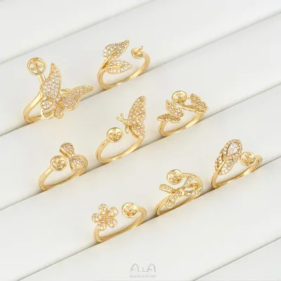 Fashion Handmade  Ring Color-Preserving Micro-Paved Zircon Small Flower Leaf Butterfly Bead Holder Sticky Ring