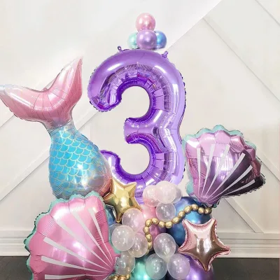 Purple Mermaid Digital Balloon Suit for Children's Birthday Cross-Border Plastic Scene Layout with Shell Theme