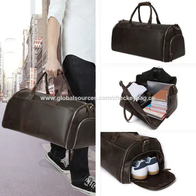Carry On Garment Bag, Garment Bags with Shoes Compartment Vintage Full Grain Leather Travel Weekender Overnight Duffel Bags