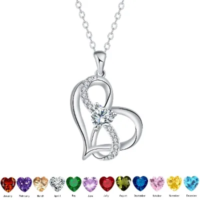 Wholesale Stainless Steel Double Love Necklace Fashion Silver 12 Birthstones Infinity Heart Shaped Pendant Necklaces for Her