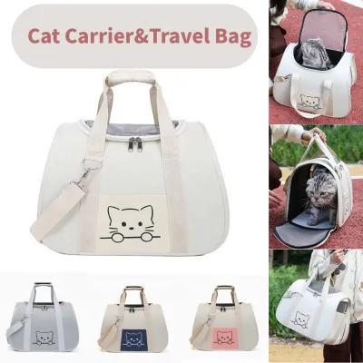 Minimalist Light Beige Cat Carrier Backpack Cute Cat Breathable Mesh Sides Zippered Pockets Top Handle Outdoor Travel