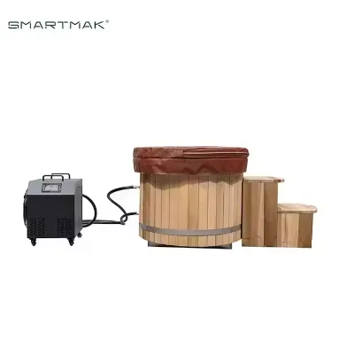 Custom Cold Plunge Tub High Quality Cherry Wooden Oval Barrel Spa 2 Persons Ice Bath with 1 HP Chiller