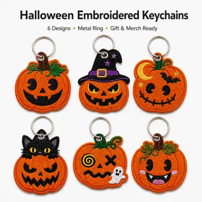 Personalized Halloween Pumpkin Embroidered Keyrings Custom Fabric Keychains for Bags Backpacks Gift Merch Supplier