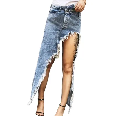 Ladies Girls Light Blue Sexy Party Long Retro Jean Skirts Women Denim Skirt With Unique Design