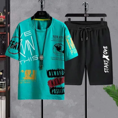 New Men Plus Size Summer Two Piece Set, Casual Sports Short Sleeve Top with Long & Short Pants, Versatile Matching Outfit