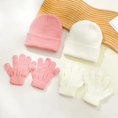 2-Piece Warm Knit Polyester White Black Blank Printed Custom Knitted Baby Winter Beanie Hat and Glove Set with Embroidered logo