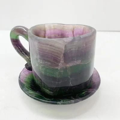 High Quality Natural Hand Carved Heart Shape Rainbow Fluorite Cup Customization Crystal Tea Cup Set for Home Decoration