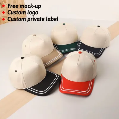 Double Stitched Brim Blank Custom Logo 5 Panel Two Tone a Frame Trucker Sunscreen Travel Canvas Cotton Snap Back Baseball Cap