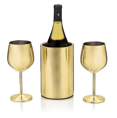 Wine Chiller and Wine Glasses Set Premium Stainless Steel Gold Keeps Wine and Champagne Cold Exclusive Slip-Proof Bottom Double