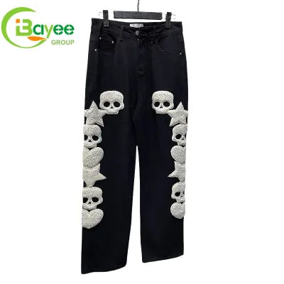 Custom Hip Hop Streetwear Men Heavy Weight Cotton Acid Wash Pants Black Chenille Embroidery Designer Men Denim Jeans