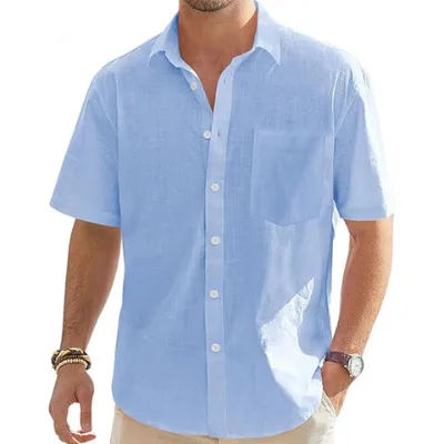Men's Cotton Linen Short Sleeve Shirts Casual Lightweight Button Down Shirts Vacation Beach Summer Tops with Pocket