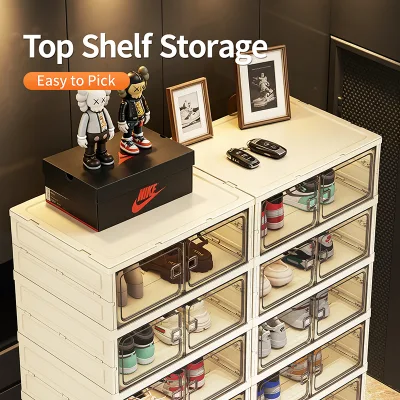 High Quality Plastic Foldable Shoe Cabinet Clear Magnetic Double Doors Space-Saving Design Heavy Duty Durable Organization Easy