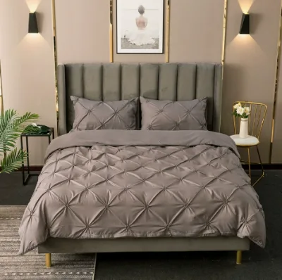 Affordable Luxury Pinch Pleat Pintuck 3 Pieces Elastic Embroidery Floral Pattern Microfiber Set Duvet Cover for Bedroom
