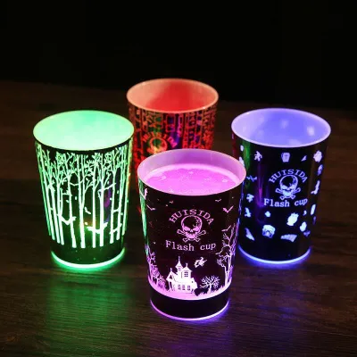 New Halloween Bar Supplies Plastic Wine Glasses LED Light-Up Color-Changing Cups with Skull & Bats/Haunted House Logos