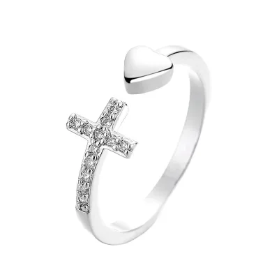 Women's Simple Heart-Shaped Open Diamond Ring Christian Cross Adjustable Wedding Ring Copper Zircon Classic Engagement Gift