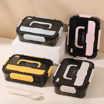 3 Compartments Simple Leak-Proof Bento Lunch Box with Tableware Microwavable Food Container for Students Office Picnic Camping