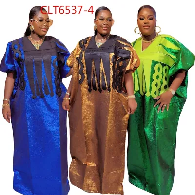 Muslim V-neck Long Dress African Plus Size Women Clothing Dubai Embroidered Long Robe with Headtie