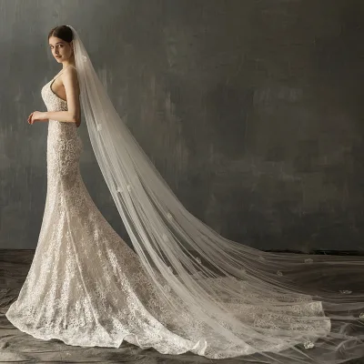 V641 Delicate Cathedral Marriage Bridal Veil One-Layer Soft Tulle Chiffon Pearl Flower Applique White Lawn Wedding Bride Veil