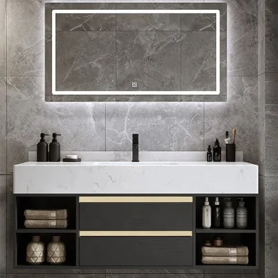 Modern Economical Particle Board Floating Bathroom Vanity Set LED Touch Illuminate Mirror Ceramic Sink 2 Drawers Open Shelves